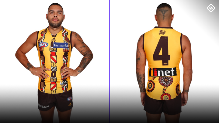 The Hawthorn 2019 guernsey was designed by Jennifer Lulu Coombes and inspired by Cyril Rioli
