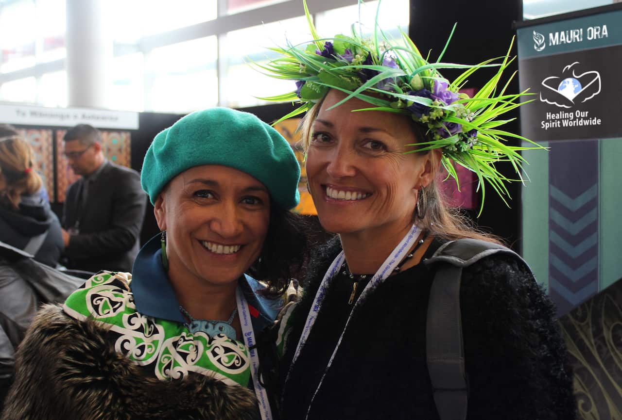Oriwa Morgan-Ward and Yvonne Kainuku-Walsh in the arts and display area at Healing Our Spirit Worldwide - The Seventh Gathering