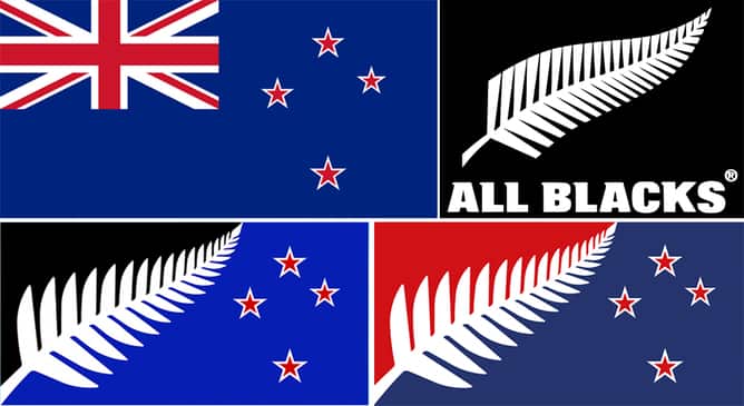 Top left: New Zealand’s current flag. Top right: Logo of the All Blacks. Bottom left: The winning flag design by Kyle Lockwood. Bottom right: Second place design by Kyle Lockwood.