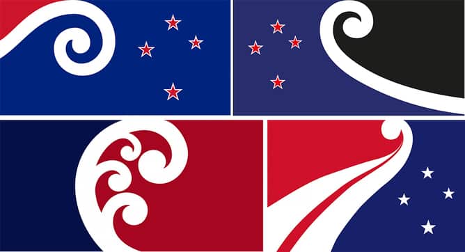 Flags from the long list of 40 New Zealand flag designs. Top left: Koru and Stars by Alan Tran. Top right: Finding Unity in Community by Dave Sauvage. Bottom left: Unity Koru by Paul Densem. Bottom right: Embrace by Denise Fung