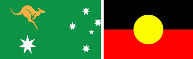 Above right: Suggestion to new Australian flag designed by Lynda Warner. Above left: Aboriginal flag designed by Harold Thomas. 