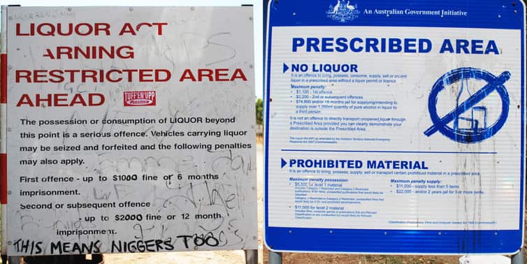 Confronting signs, on the Central Arnhem Road 