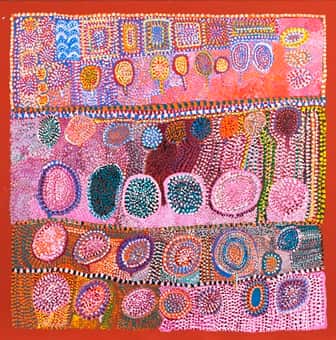 “That Loongkoonan’s work doesn’t comply with this is what makes her works so special. She is completely original.” Bush Tucker in Nyikina Country. (Loongkoonan)
