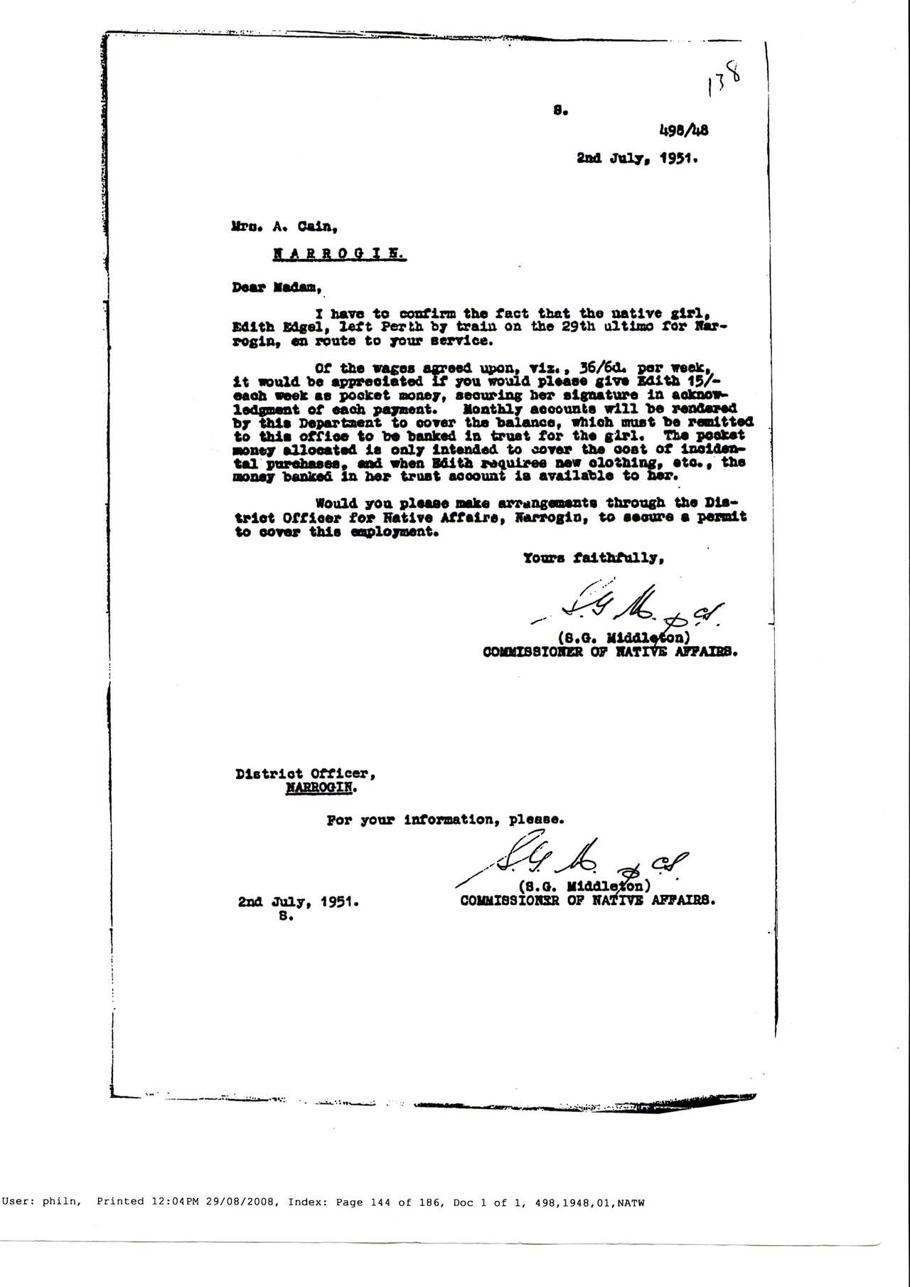 A letter from the Commissioner for Native Affairs about Edith De Giambattista's wages.