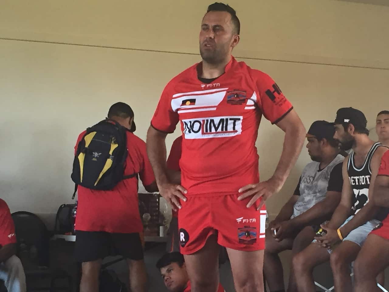 Matt Rose of Walgett Aboriginal Connection speaks to the team following their loss to Griffith 3 Ways United in round 2 of the 2015 Koori Knockout.