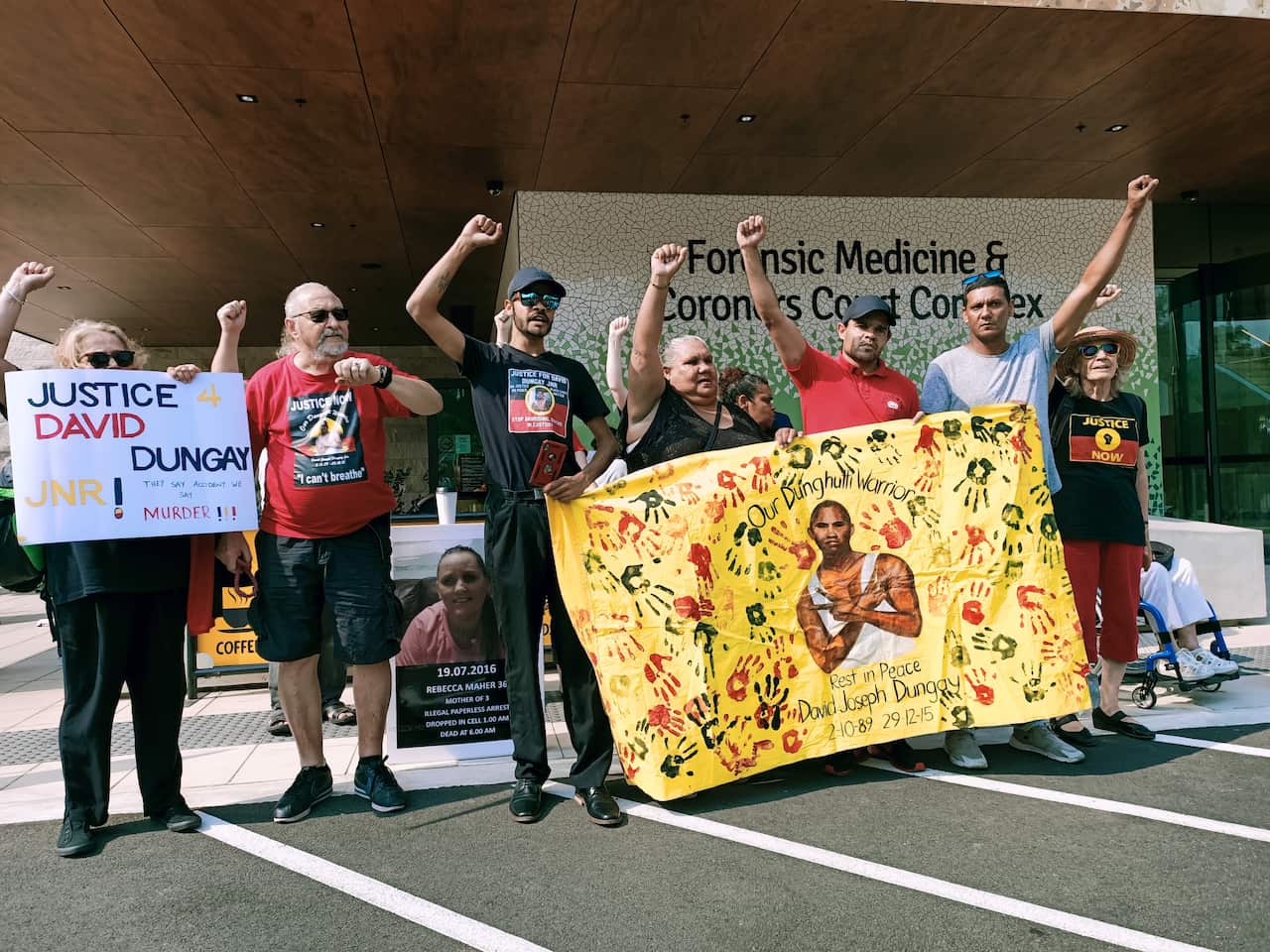 Family members of Mr Dungay outside of the NSW State Coroner's Court, 22 Nov 2019. 