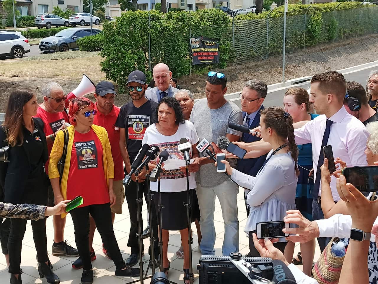 Leetona Dungay addresses media outside of the NSW State Coroners Court following the findings handed down into the death in custody of her sun, Nov 22, 2019.  