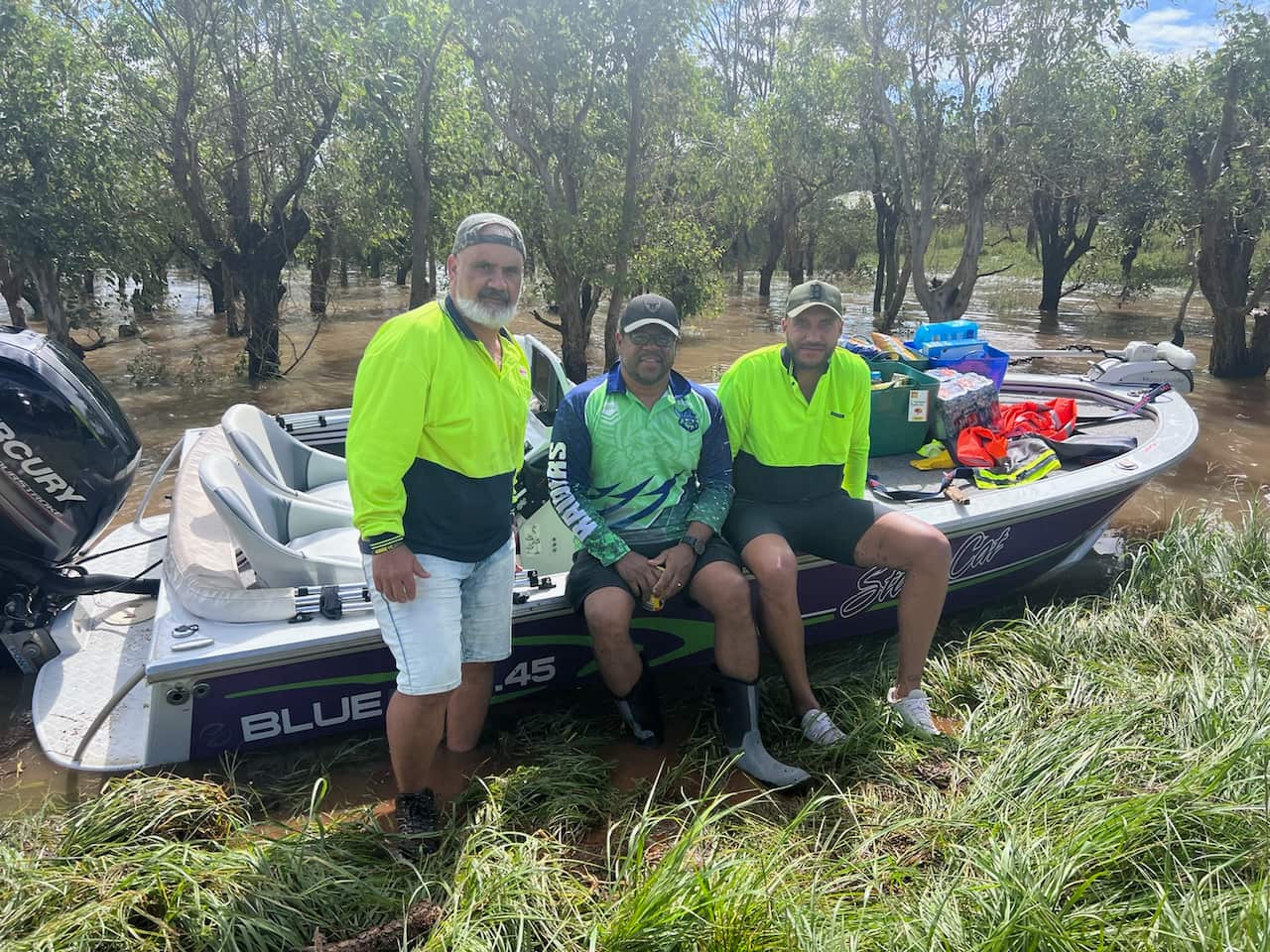 Widjabul Wiabal men Chris Binge, Ashley Moran and Zane Walford have been coordinating food supplies for the community of Gundarimba.