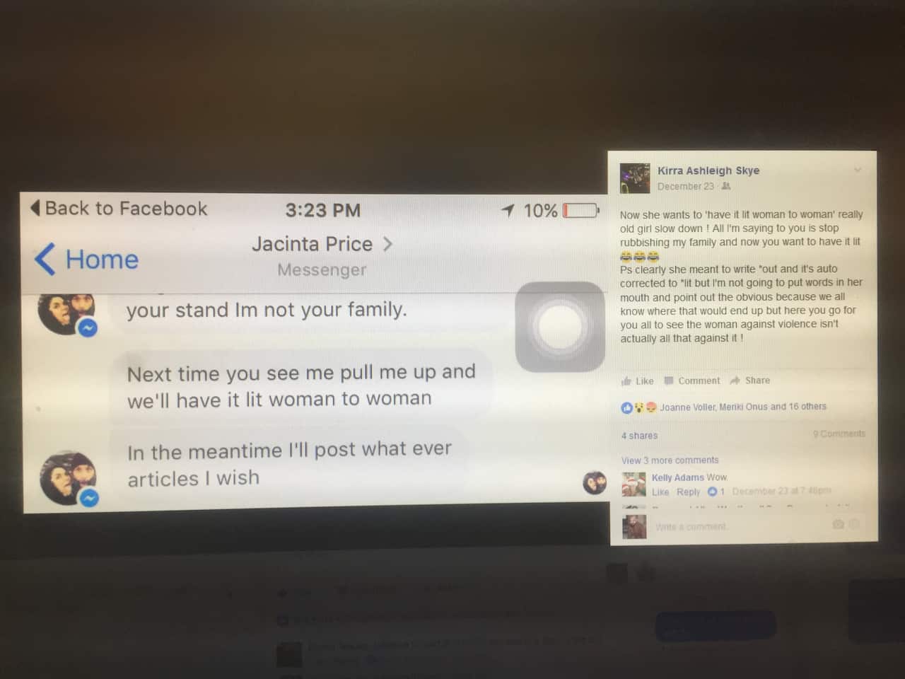 A Facebook exchange between anti-violence campaigner Jacinta Price and another woman