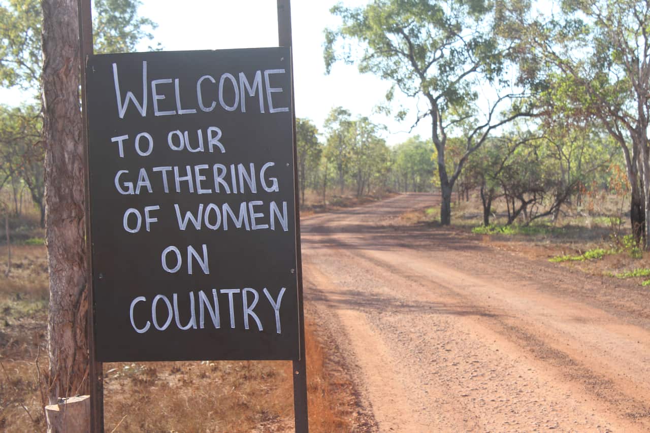 Welcome sign greets more than 120 female rangers at Bawurrbarnda outstation in central Arnhem Land