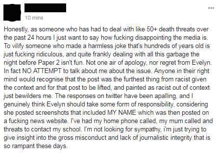 One student, who reportedly posted the initial chimpanzee meme, has posted again saying his mother has been called about the incident.