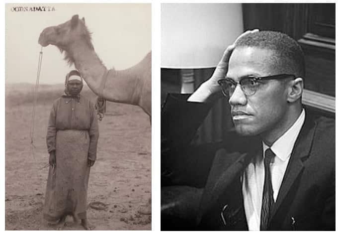 Left, an Aboriginal woman at Oodnadatta, South Auratlia, with a camel. Right, the late African-American leader, Malcolm X, played a very important role for Aboriginal Muslims.
