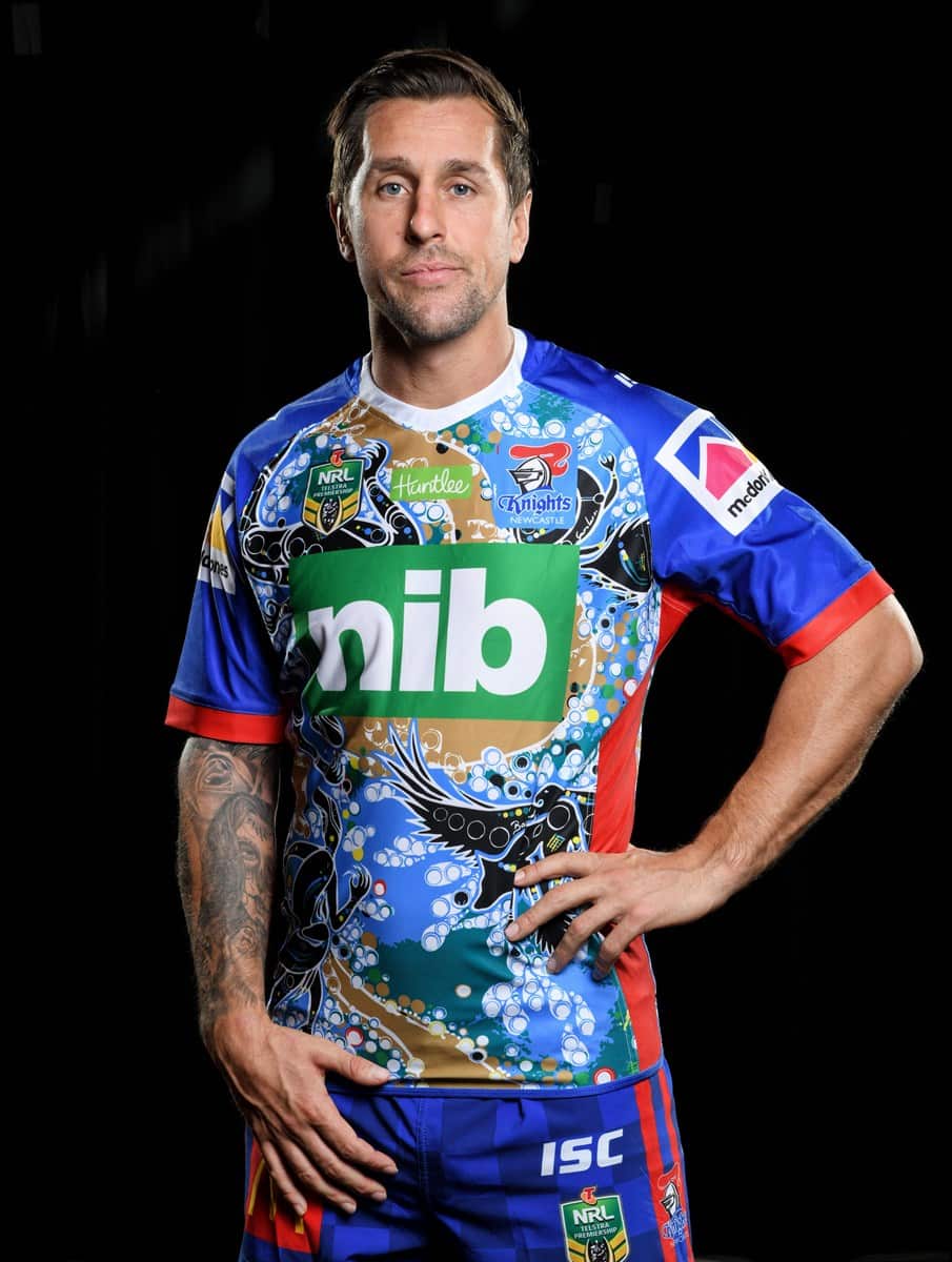 Mitchell Pearce in the Newcastle Knights Indigenous Round jersey, designed by Owen Craigie and others