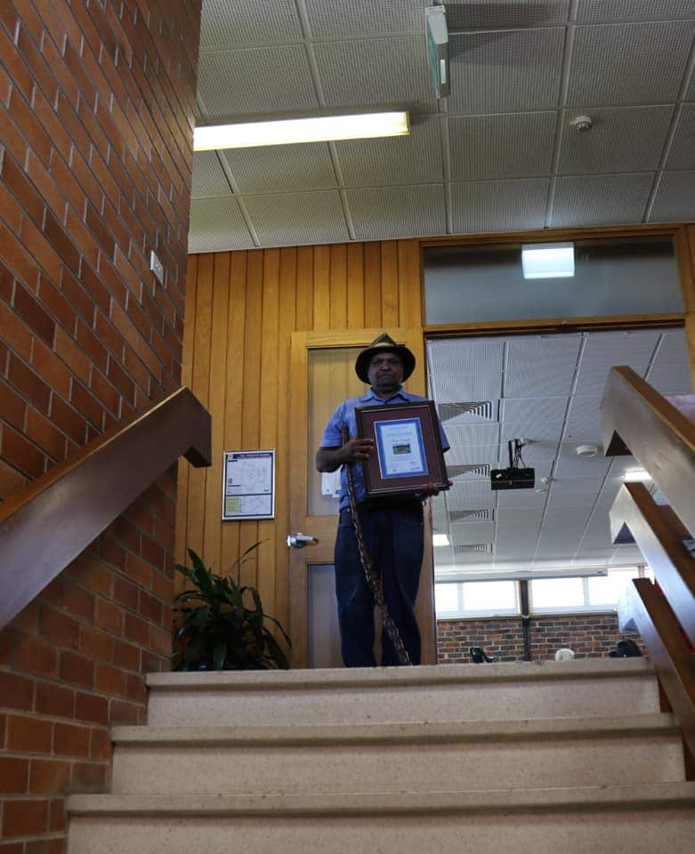 James Dungay handing back the Certificate of Appreciation to Kempsey Shire Council because of the lack of consultation last year.