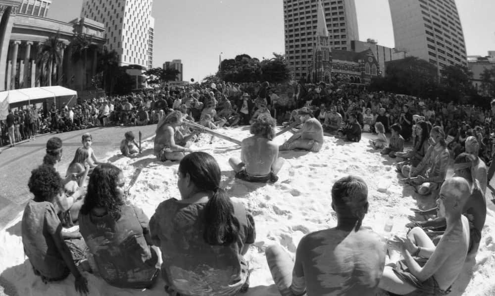 A corroboree in King George Square during the Walk for Reconciliation in Brisbane, Queensland, 2000. 