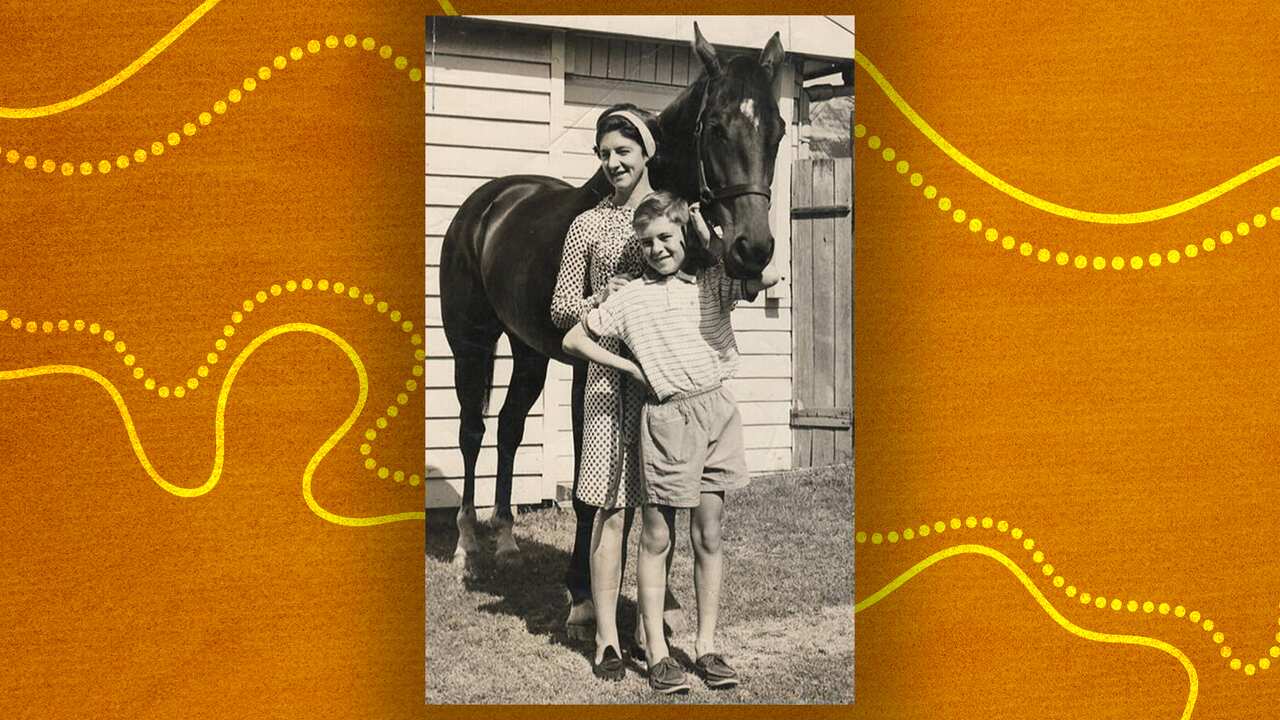 Black and white photo of child john maynard, his mother standing behind him, and a horse leaning its head over the both of them