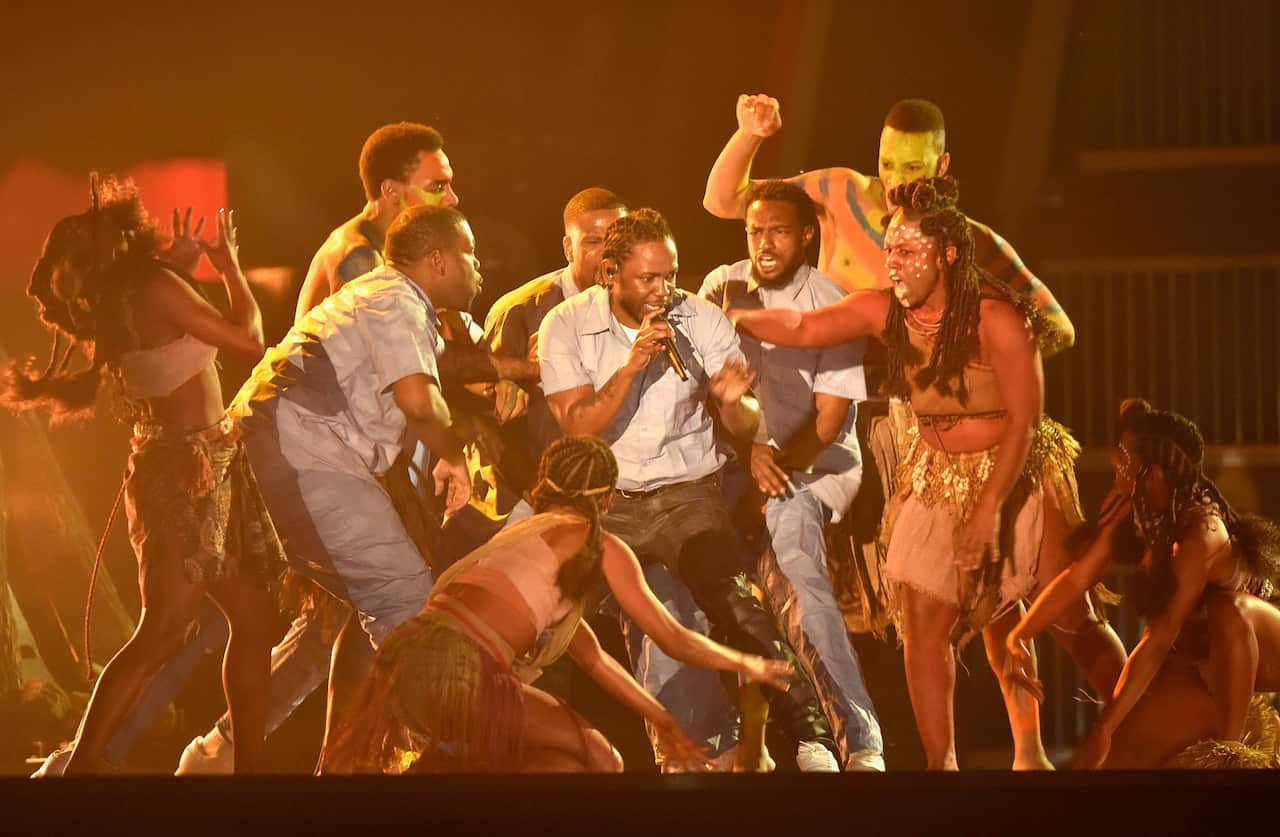 Kendrick Lamar performs at the 58th GRAMMY Awards at Staples Center in Los Angeles, California.