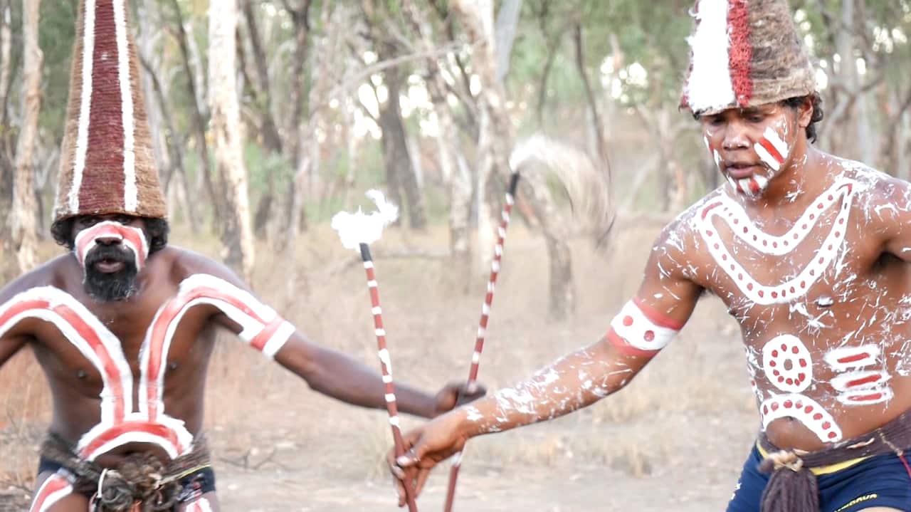Lardil dancers perform a cultural dance. 