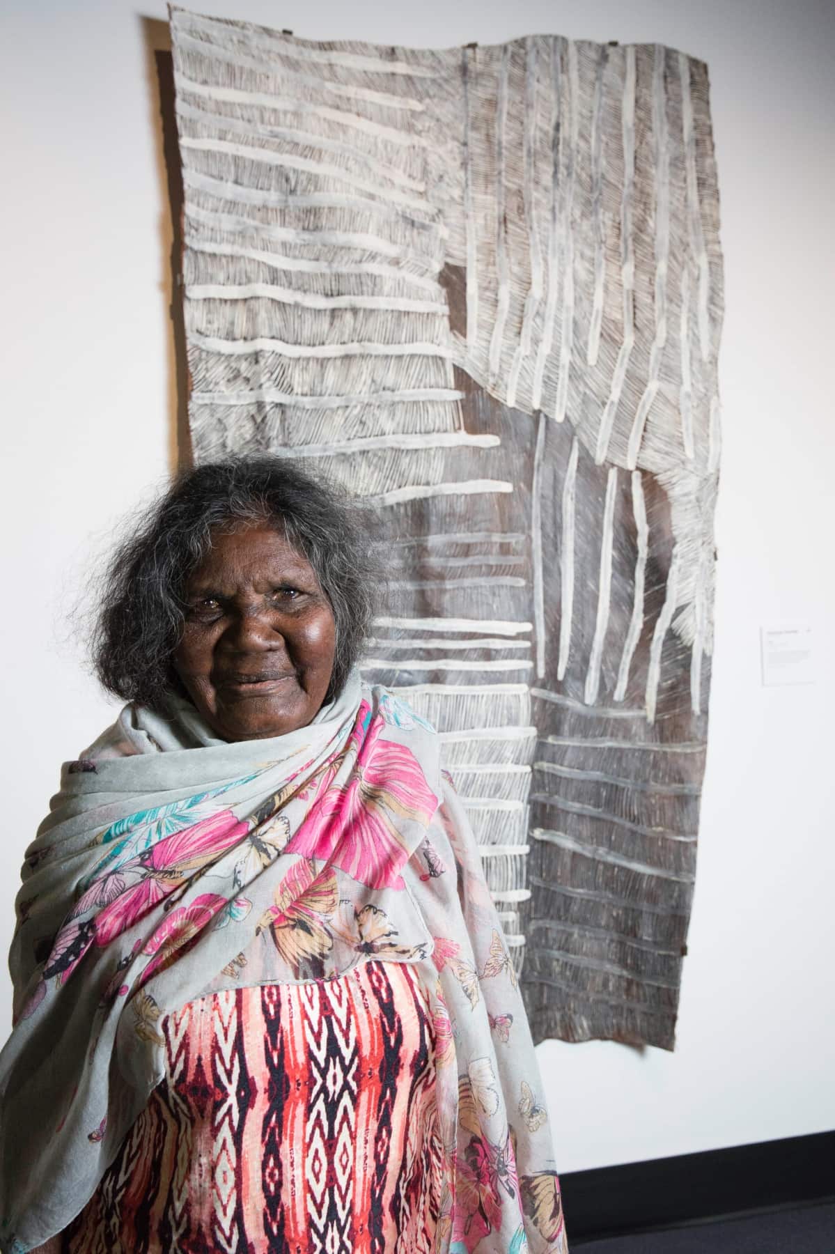 2017 Telstra National Aboriginal and Torres Strait Islander Art Awards, Telstra Bark Painting Award winner Nyapanyapa Yunupinu, with her work “Lines”.