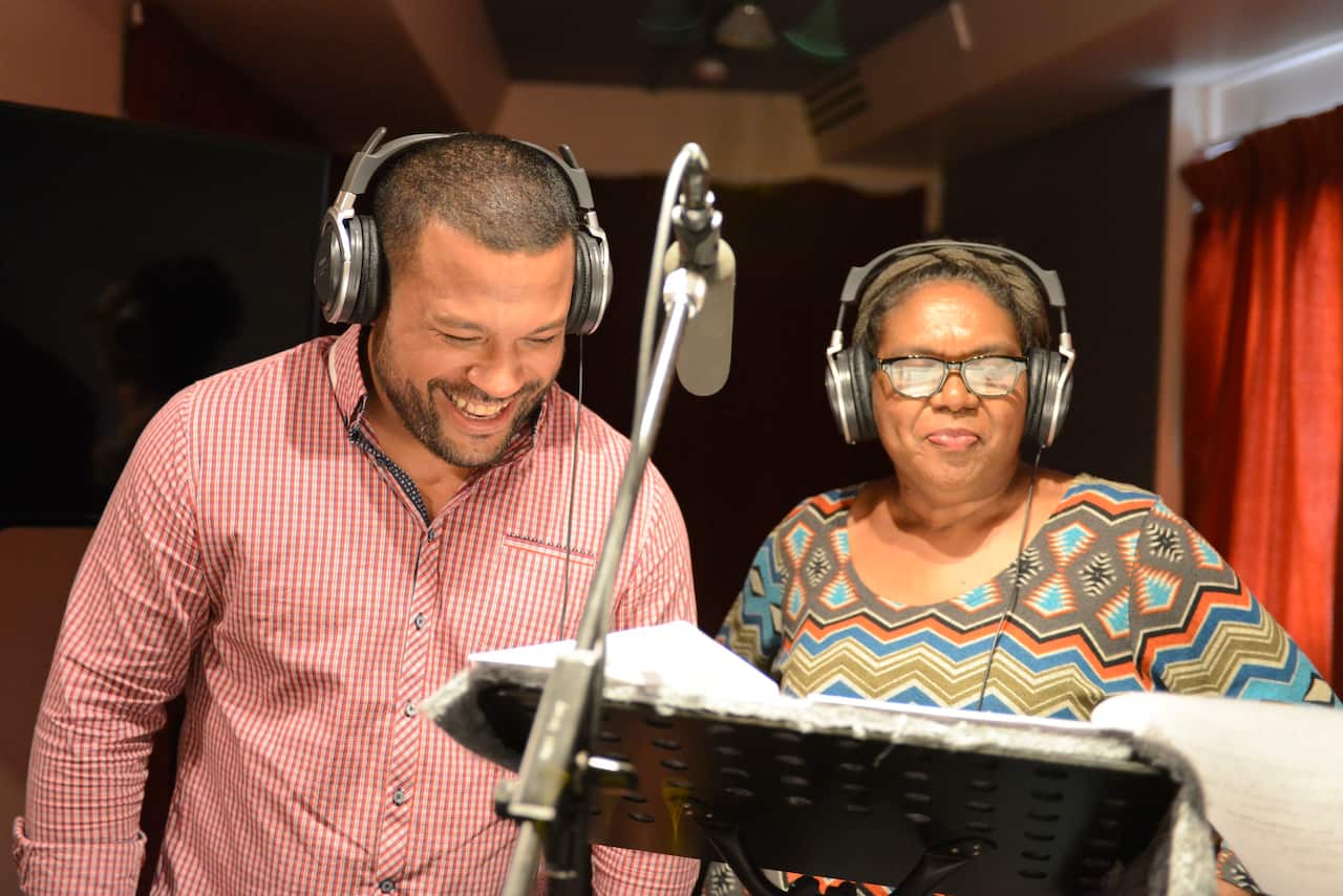 Aaron Fa'Asso and Ningali Lawford-Wolf. Little J & Big Cuz behind the scenes