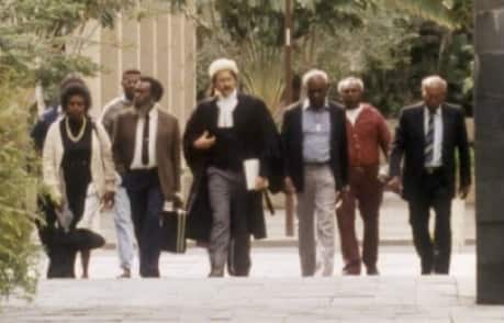 Eddie Mabo walking with his team of lawyers in his case, which saw the High Court overturn the legal doctrine of terra nullius