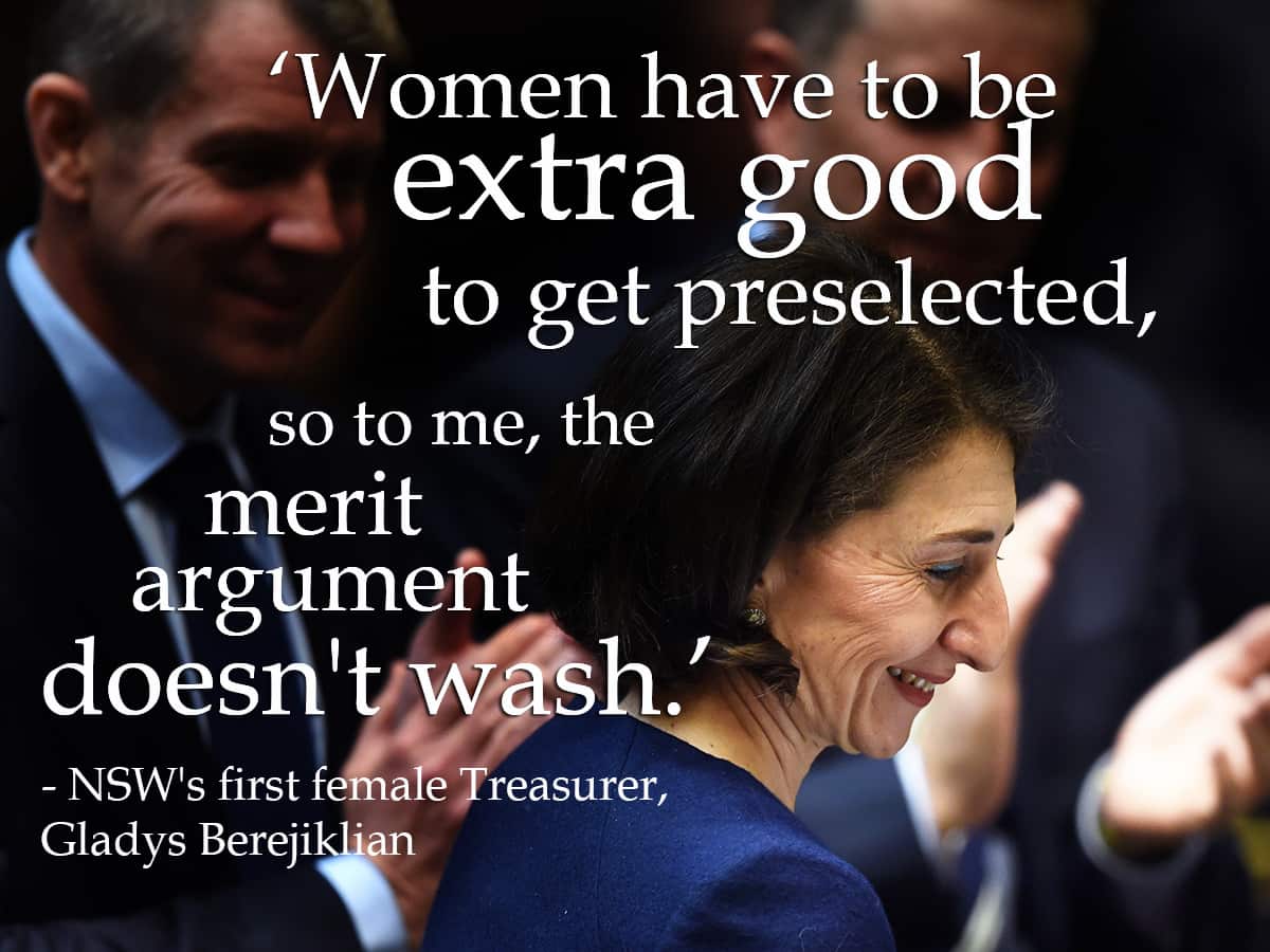 NSW Treasurer Gladys Berejiklian receives applause after delivering her first budget to the NSW Legislative Assembly in Sydney on Tuesday, June 23, 2015. (AAP Image/Paul Miller) NO ARCHIVING