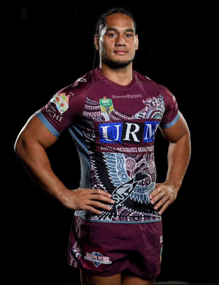 Martin Taupau in the Sea Eagles Indigenous Round jersey. 2018