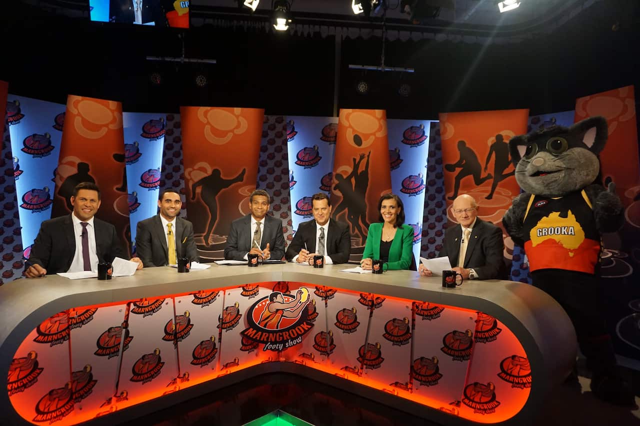 The Marngrook Footy Show panel pose for a photo