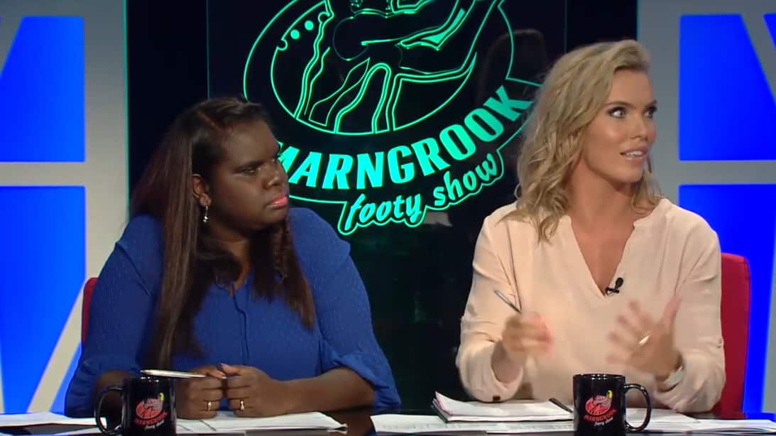 Marngrook co-host Leila Gurruwiwi with guest panelist AFLW player, Abby Holmes