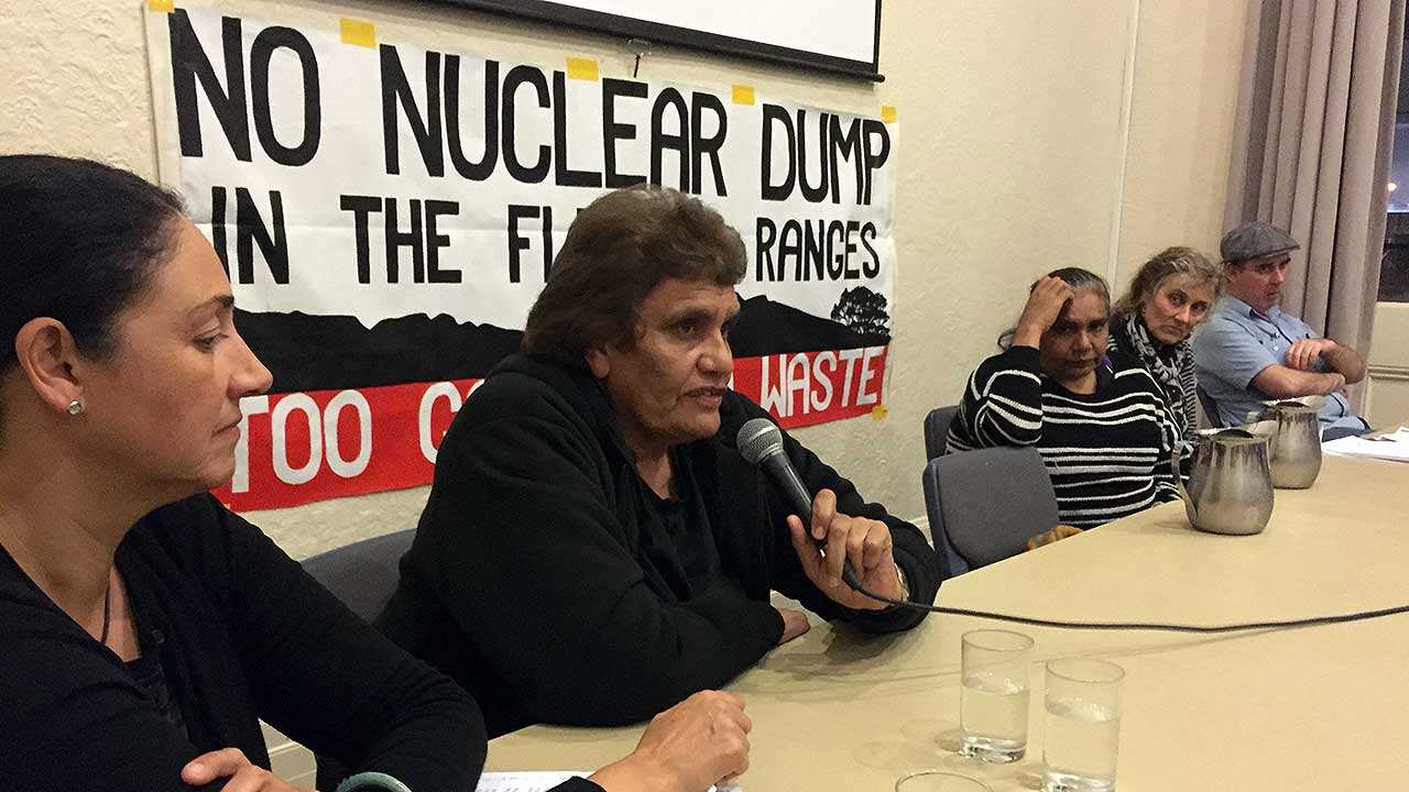 Adnyamathanha traditional owner Vivienne McKenzie addresses crowd at Northcote Town Hall in Melbourne