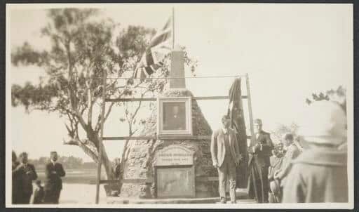 Photo from the 1927 erection of one of the cairns of coloniser and mass murderer Angus McMillan | Pic: Victoria State Library