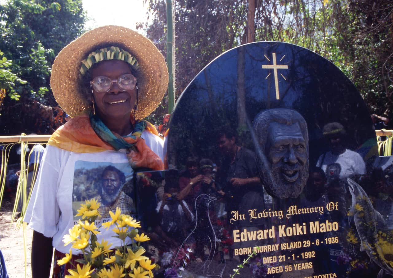 Bonita Mabo at her husband Eddie Koiki Mabo's gravestone. Taken at Murray Island September 1995