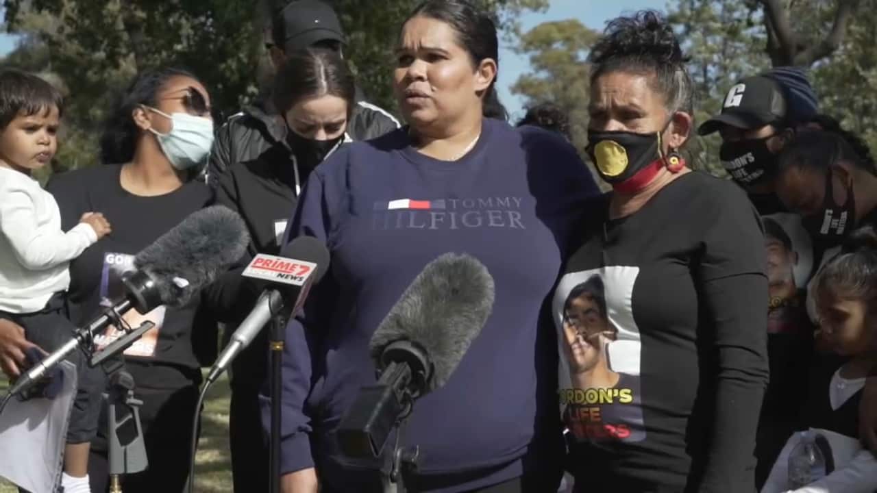 Family members of Mr Copeland address the media during the rally in Moree, Wednesday, 28 July.