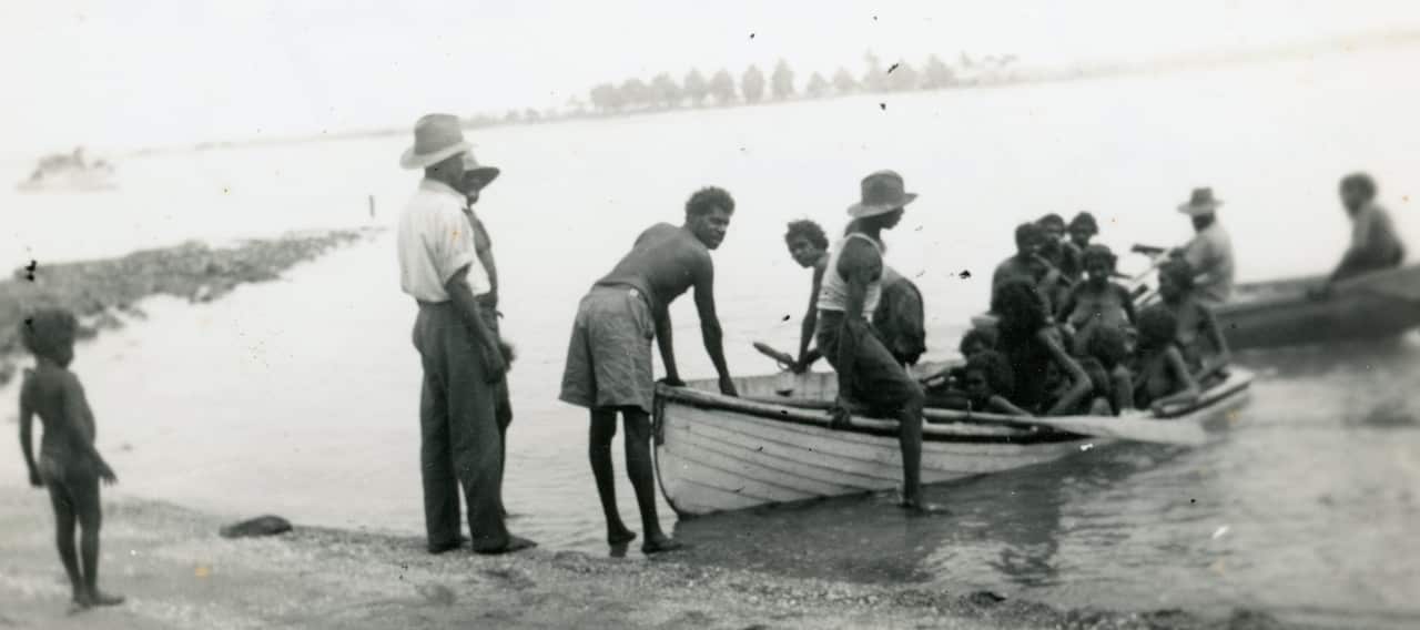 Kaiadilt people from Bentinck Island arrive at Mornington Island, Qld, 1948. 