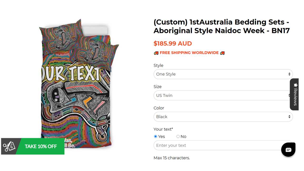 Bedding featuring the NAIDOC poster artwork on the 1st Australia site
