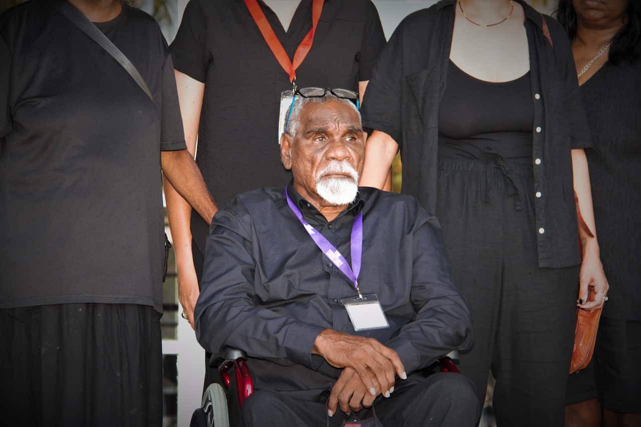 Warlpiri Elder Uncle Ned Jampijinpa Hargraves in his wheelchair. 