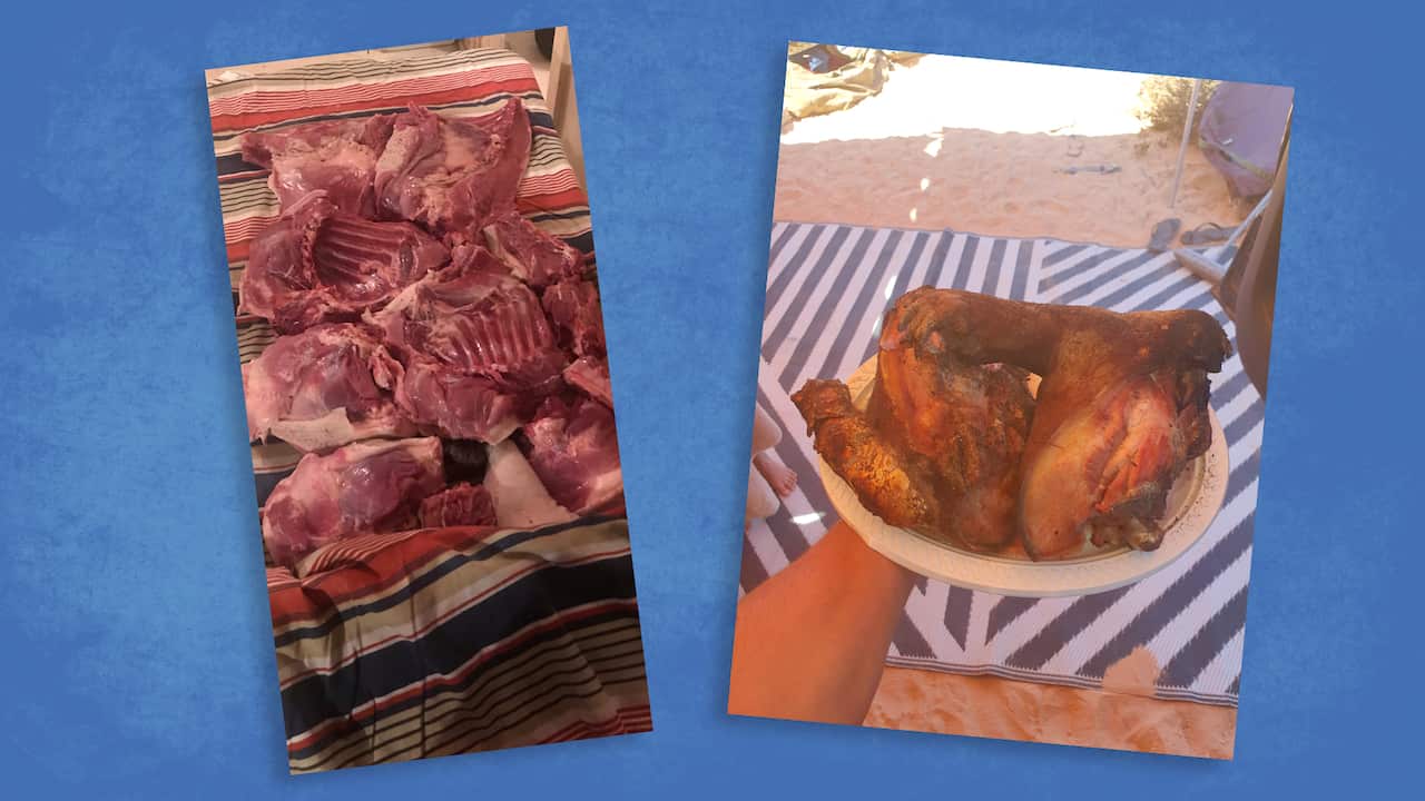 Pictures of the same wombat, cut up and cooked after the hunt. 