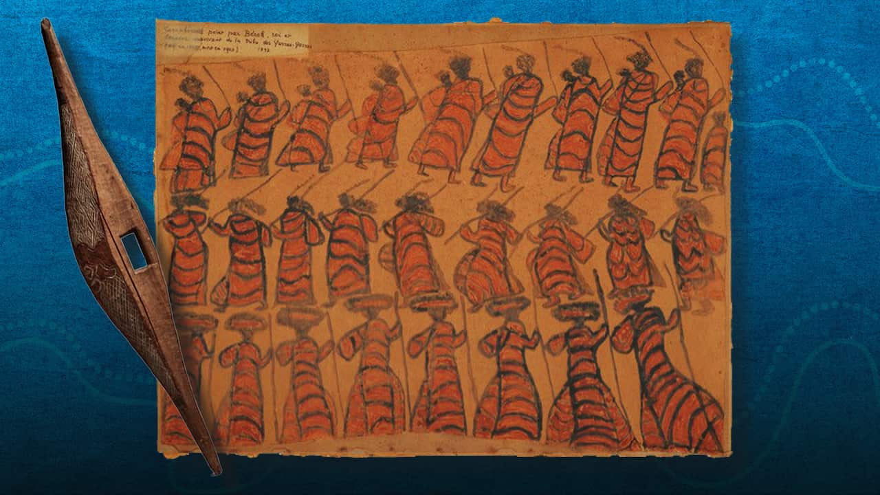 A wooden shield and an ochre drawing by william barak