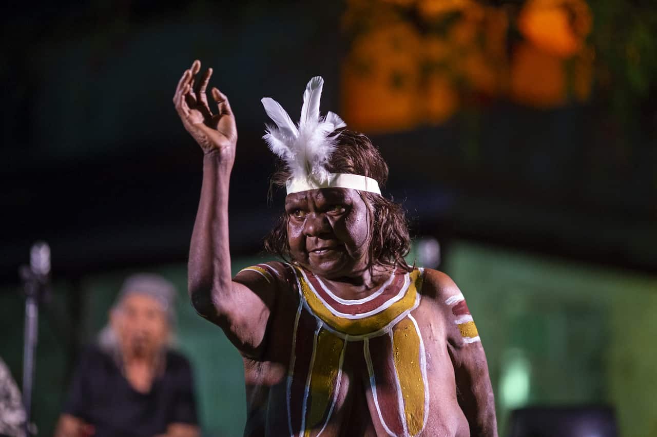 The Arrernte Women’s group performing traditional dance for the opening ceremony in Todd Mall, Alice Springs