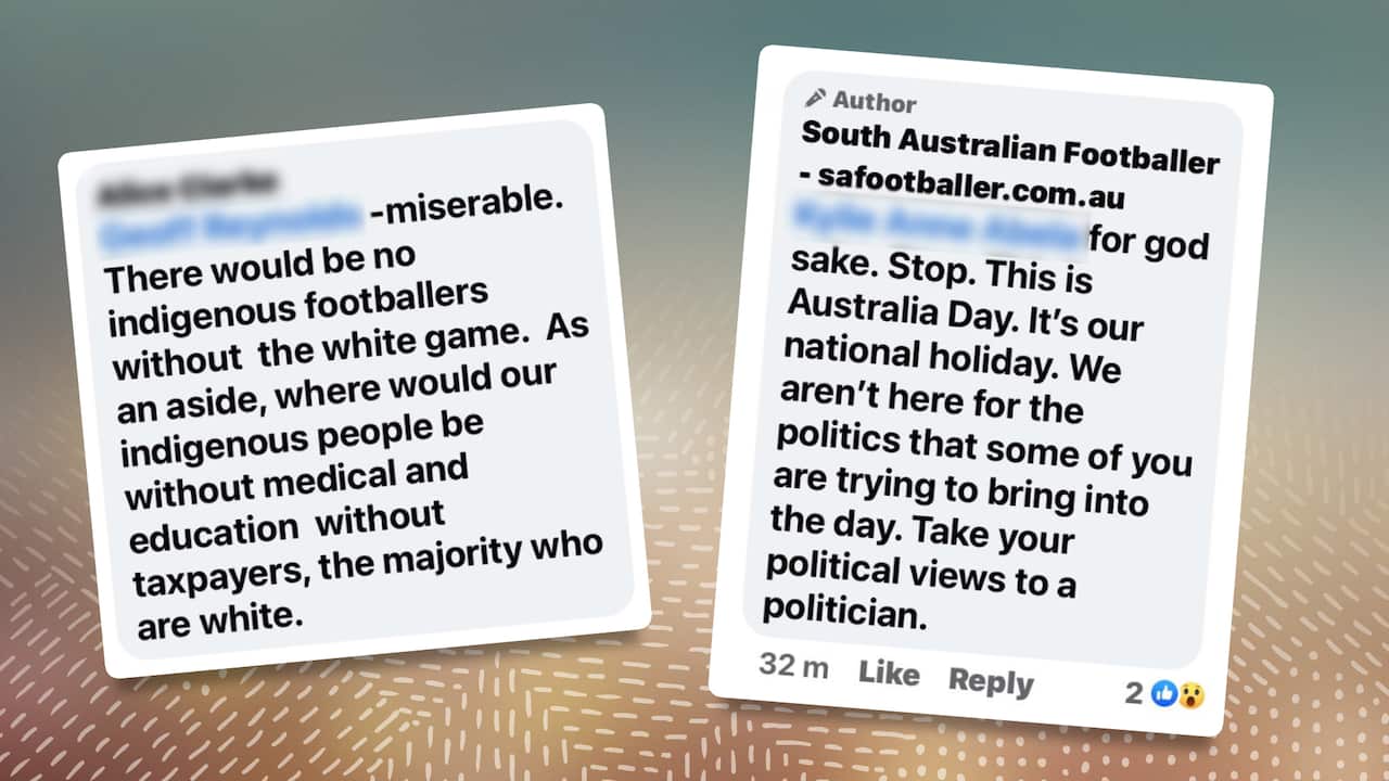 The SA Footballer's comment about political views and sport, next to a comment from one of it's followers. 