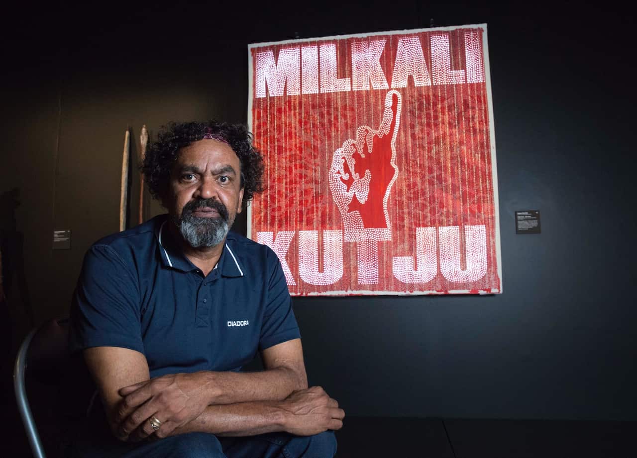2017 Telstra National Aboriginal and Torres Strait Islander Art Awards, Telstra Works on Paper Award winner, Robert Fielding, with his work “Milkali Kutju – One blood”.