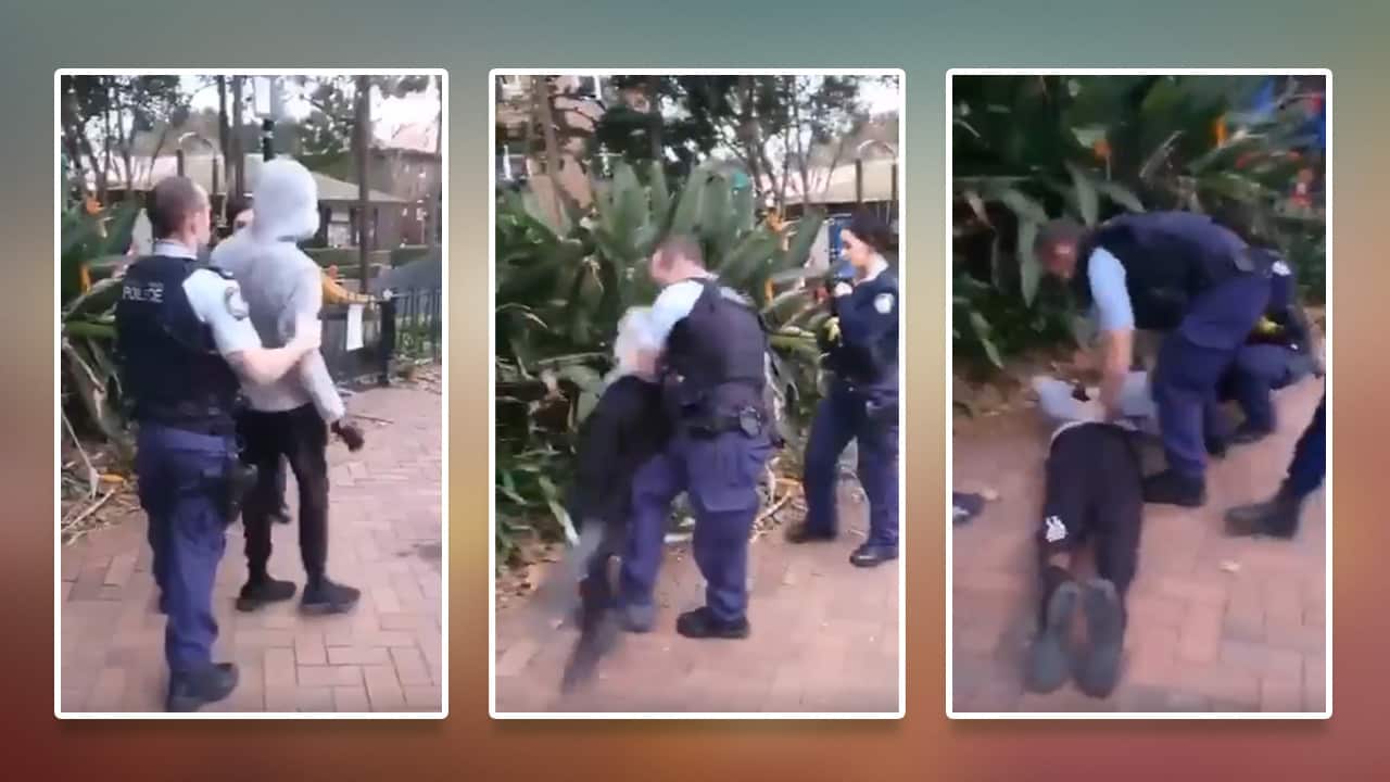 Stills from a video of a police officer arresting a teenager in Surry Hills.