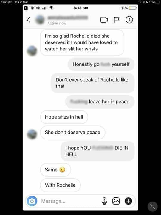 Phone message exchange between one of Rochelle's bullies and her sister Kyanne after Rochelle's death