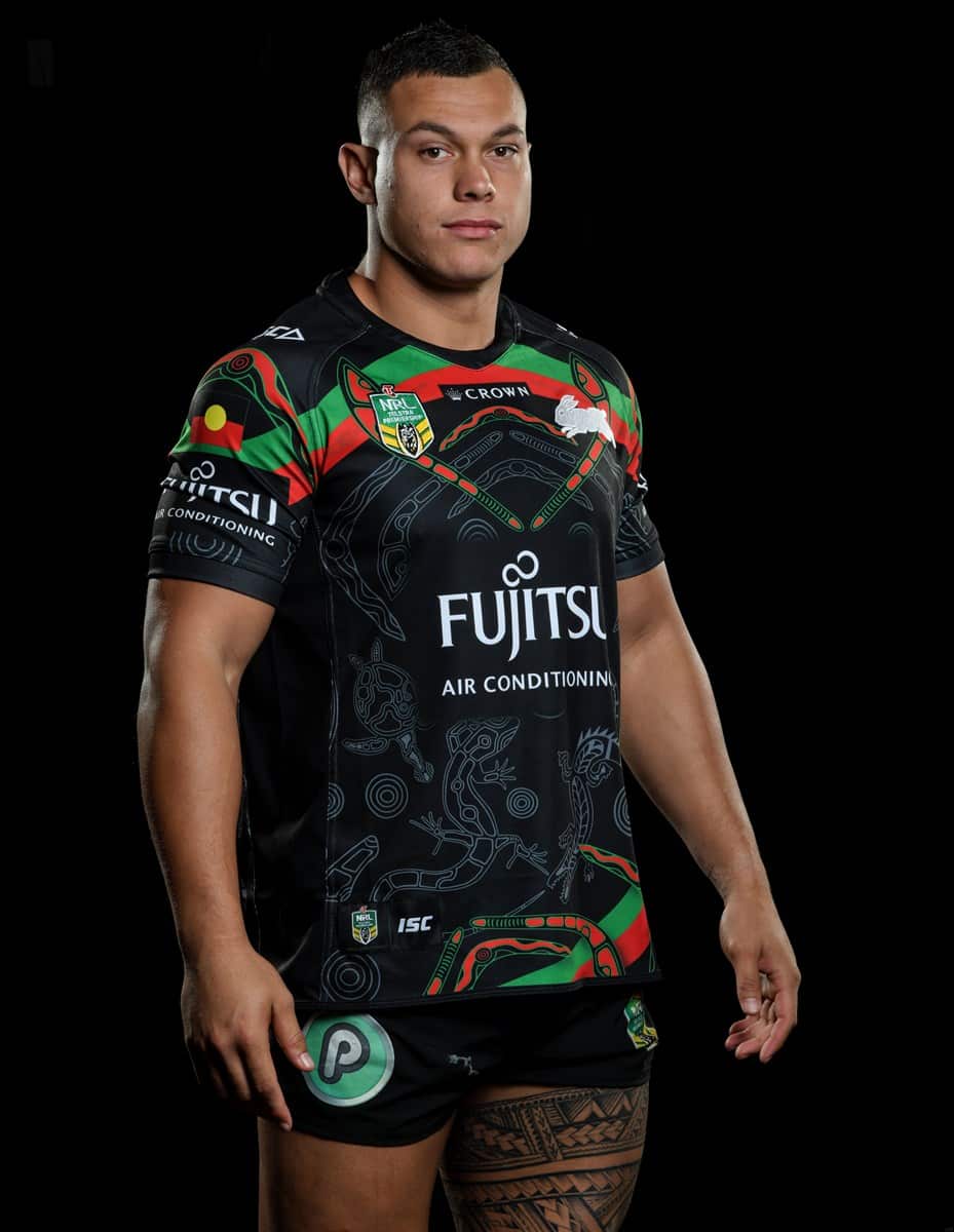 Tyrell Fuimaono in the South Sydney Rabbitohs Indigenous Round jersey. 2018