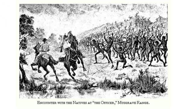 Ernest Giles Expedition in 1873 encounter up to 200 Aboriginal people with warriors on the front line in Central Australia.