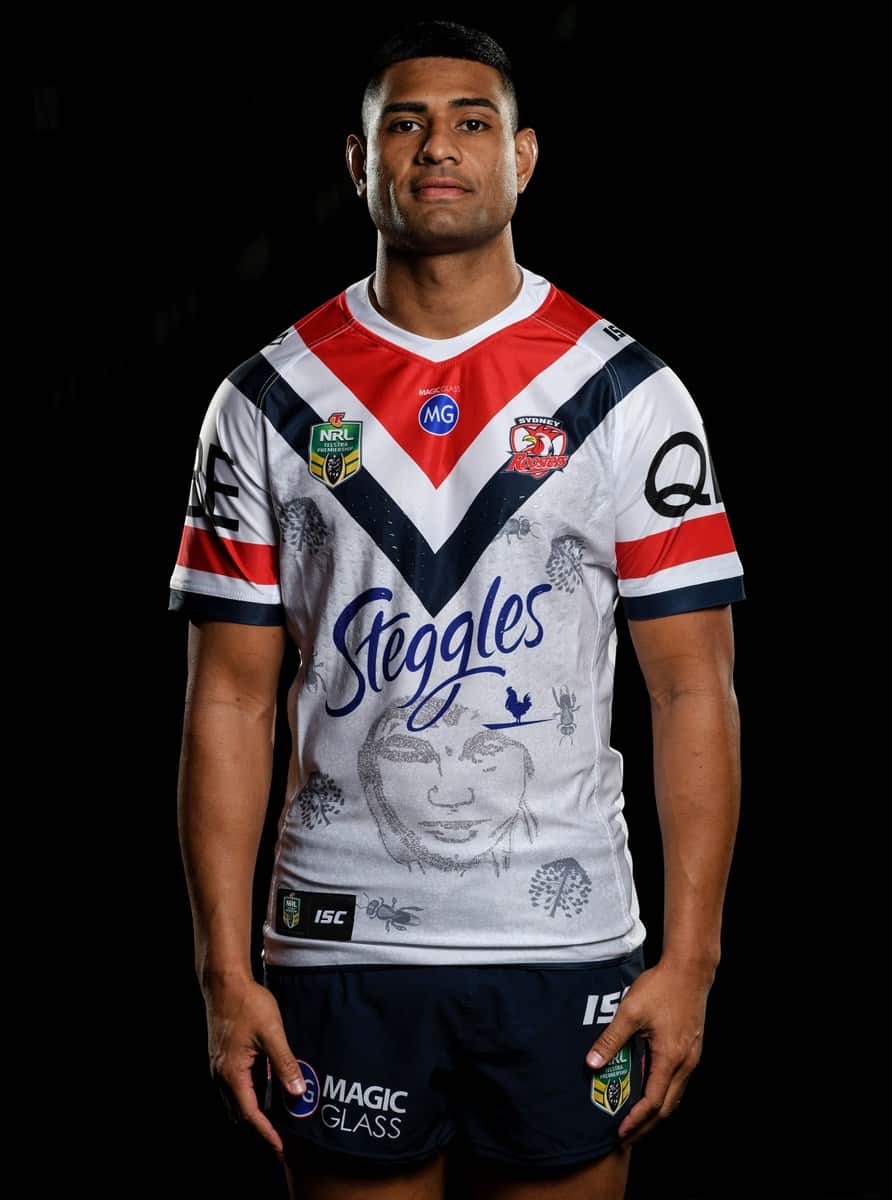 Daniel Tupou in the Sydney Roosters Indigenous Round jersey. 2018