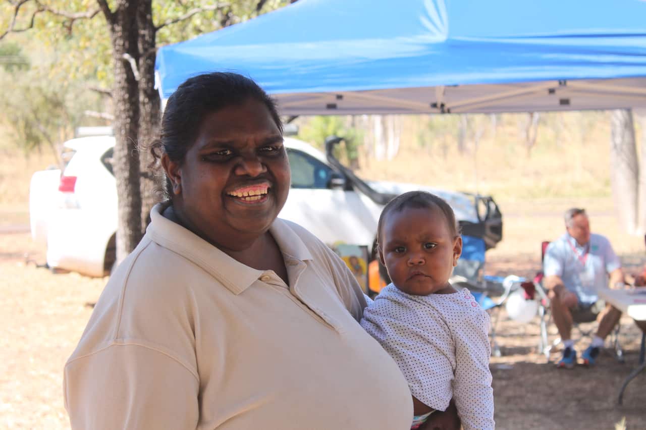 Miriwoong woman Rosemary Boombi with her nephew in Kununurra