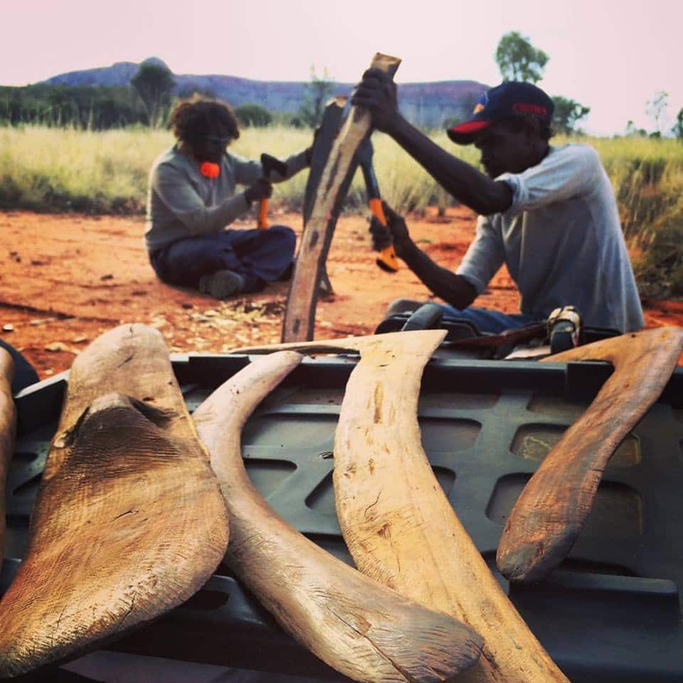 Making boomerangs using traditional methods in Central Australia.