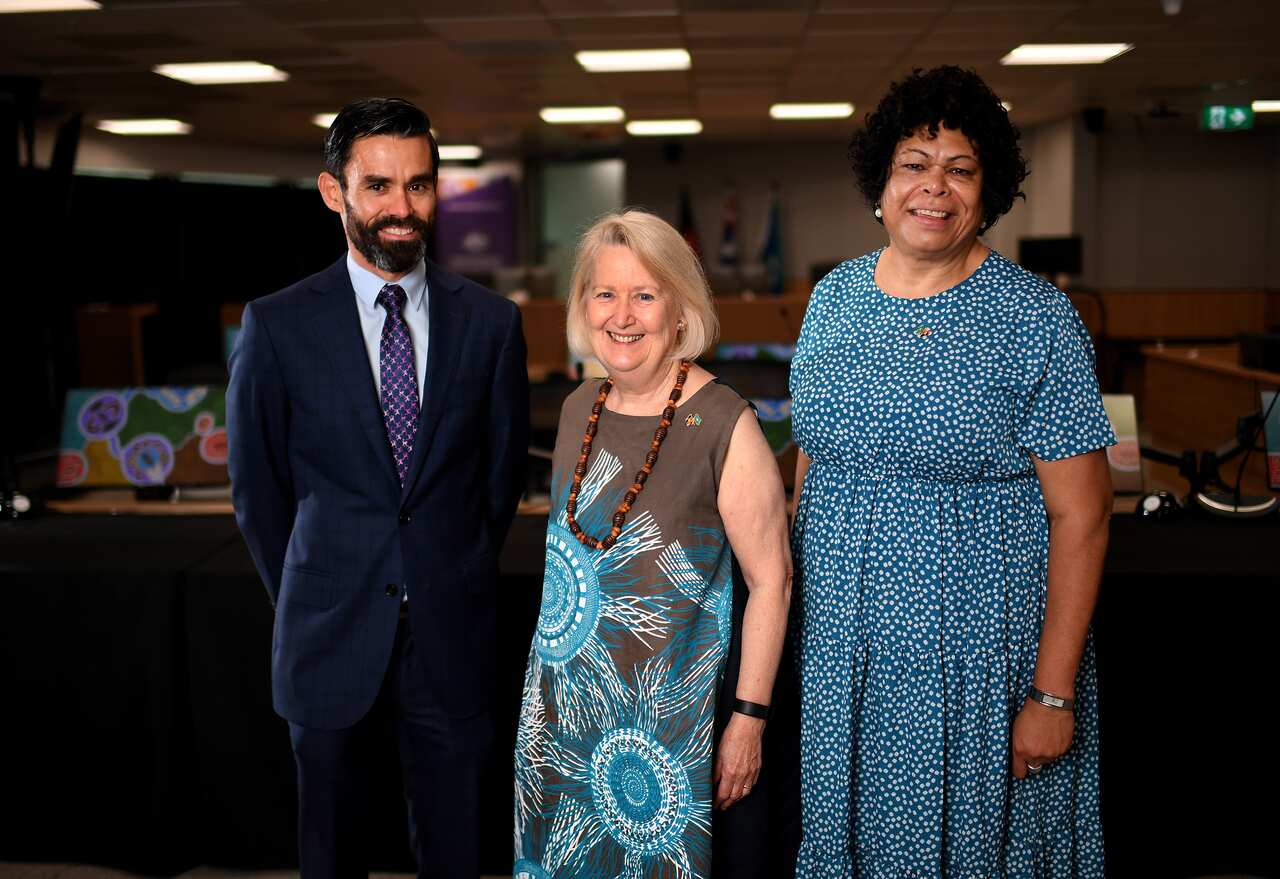 Counsel assisting, Lincoln Crowley (left), Commissioner Roslyn Atkinson (Centre), Commissioner Andrea Mason (Right). 