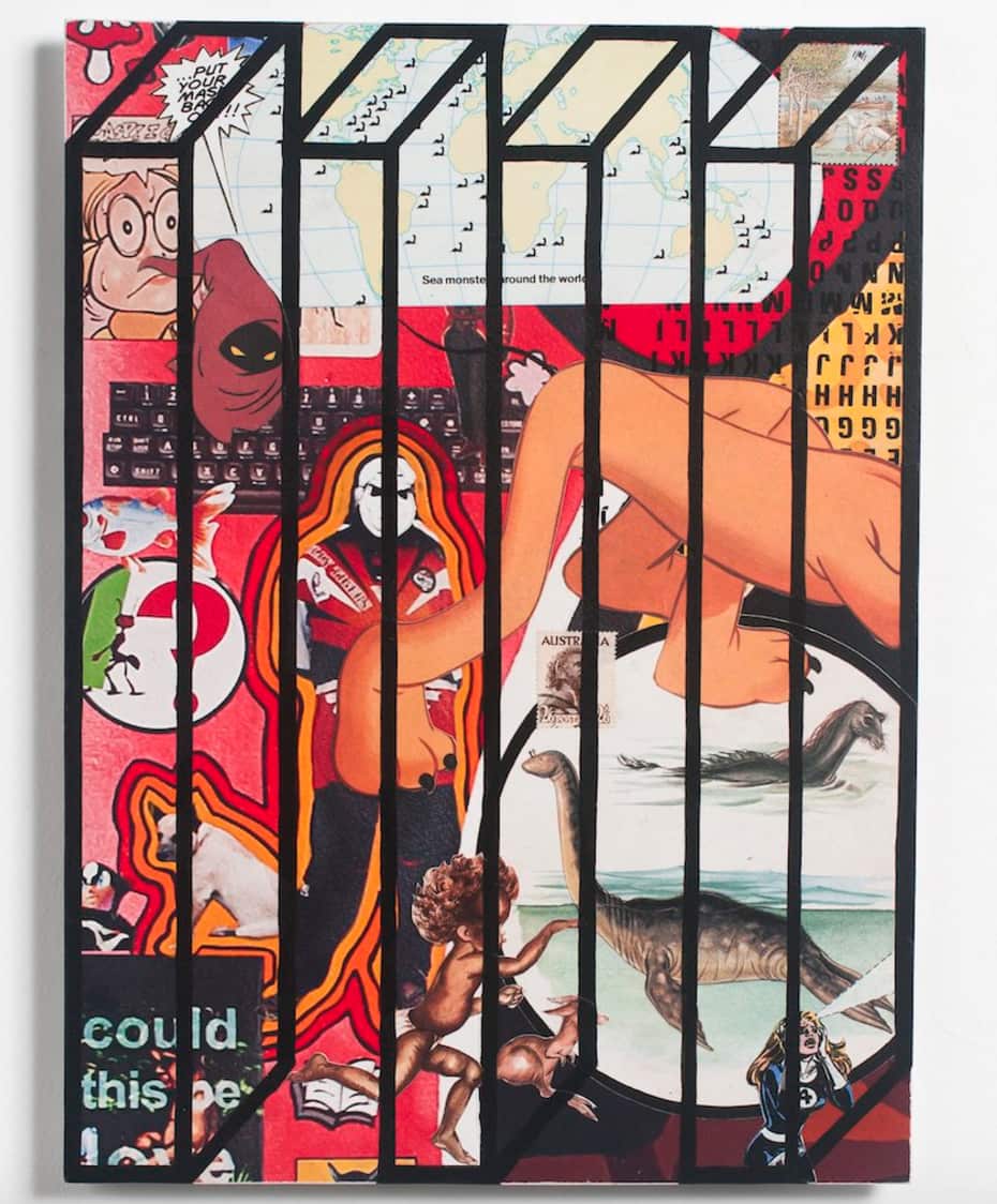 f You Wanna Make the World a Better Place 2012 acrylic and collage elements on aluminium